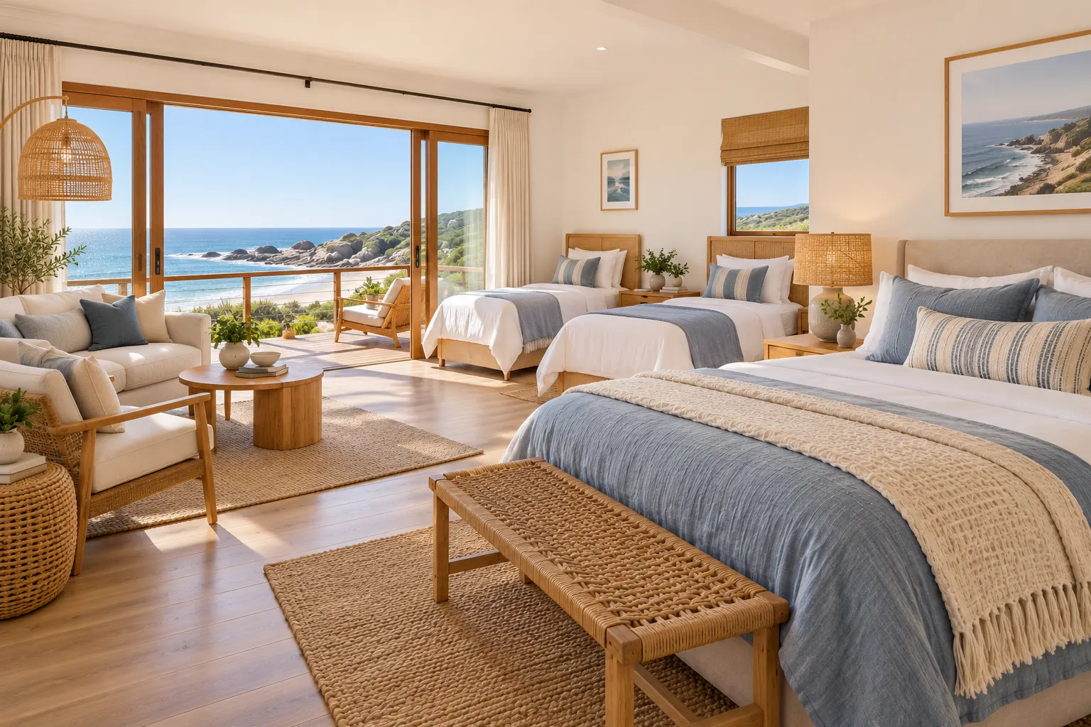 Spacious family suite with a double bed and two single beds