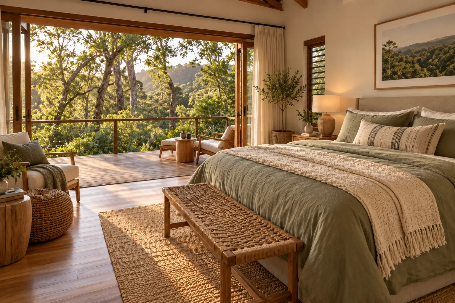 Cosy bedroom with timber beams and a forest view