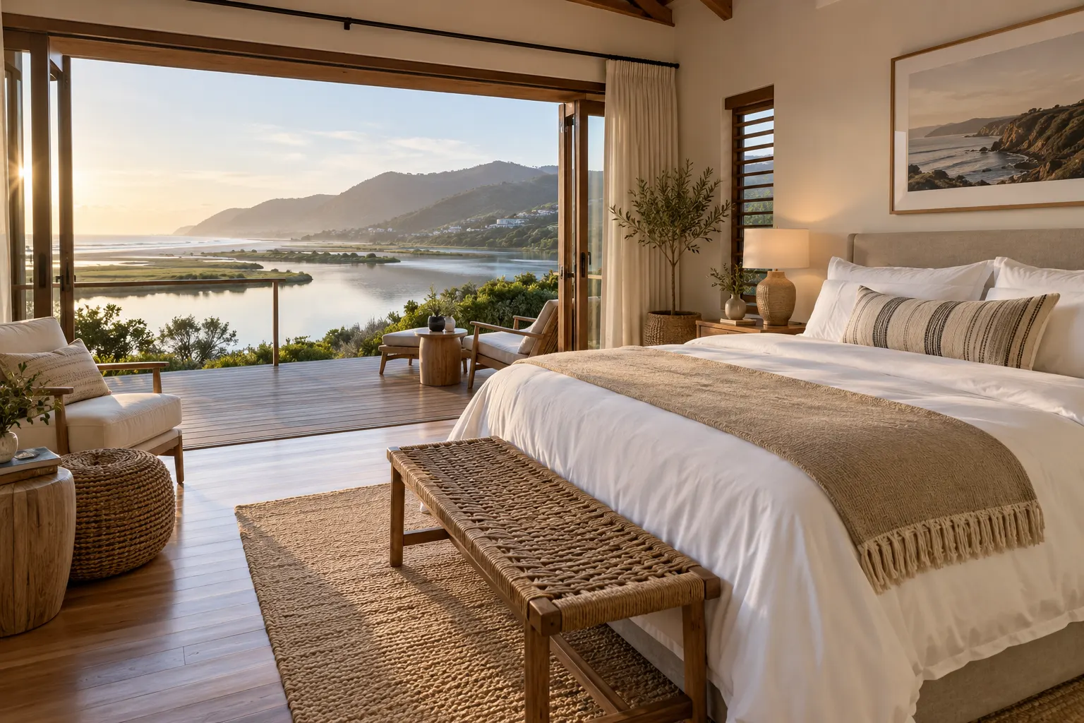 Bright bedroom with a king bed and sliding doors open to the lagoon
